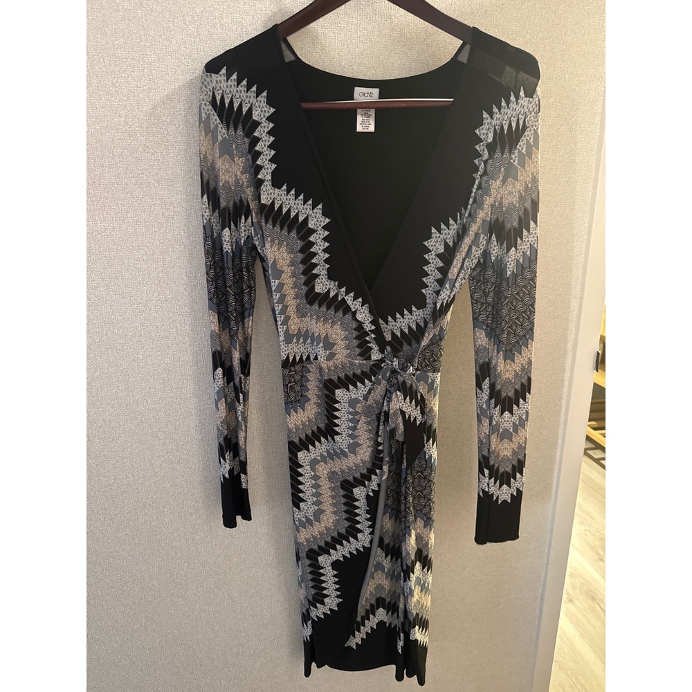 VTG Cache Faux Wrap Dress Geometric‎ Chevron Long Sleeve Black Grey SZ M USA